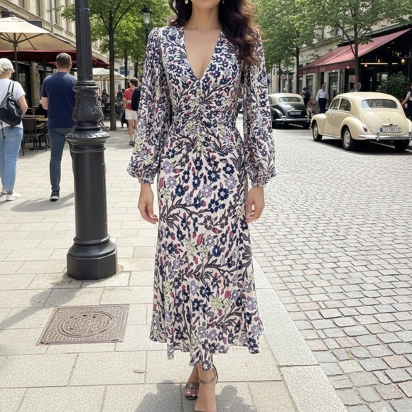 Maria Cher Dresses & Skirts - MARIA CHER RUCHED LONG SLEEVE MIDI DRESS FLORAL PRINT SIZE XS